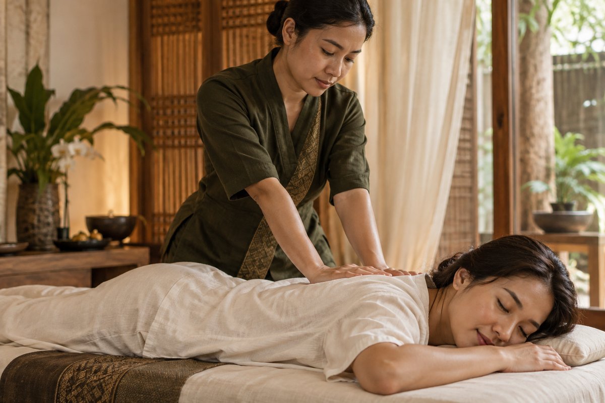 Illustratief beeld van een Thaise massage met druk van de handen op een geklede cliënt.