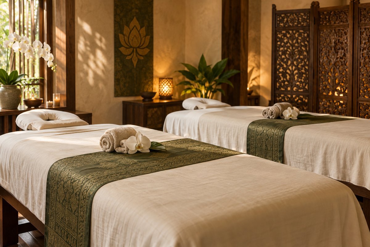 Illustratief spabeeld met twee massagebedden, warme houttinten en Thaise details.